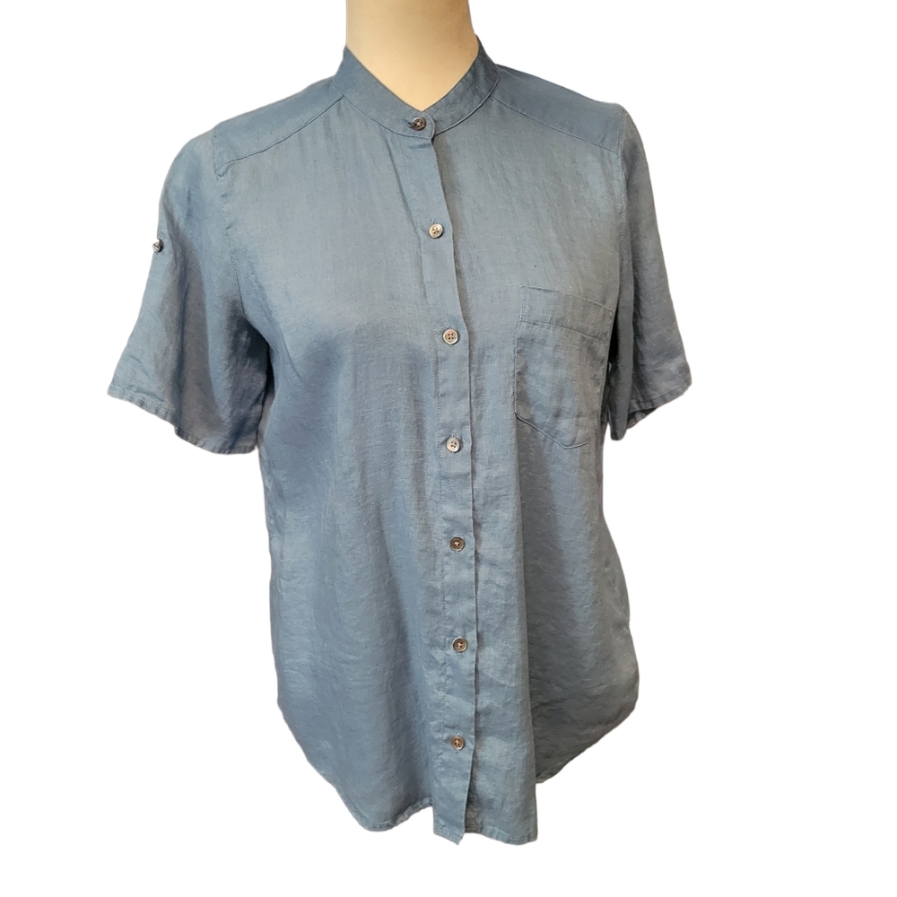J.Jill Linen Blouse Buttondown Short Sleeve Blue  Casual Career Womens Small